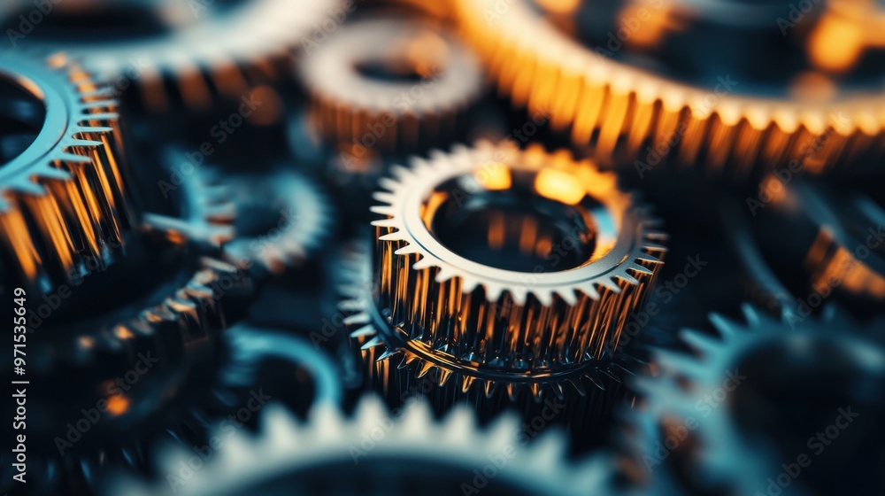 Aufkleber a set of gears turning within a complex machine, each gear representing a milestone that moves the m