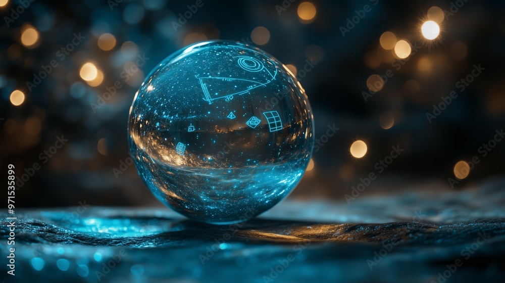 Poster a crystal sphere resting on a textured surface with glowing symbols and lights in a dark environment