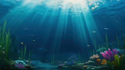Vibrant coral reef underwater scene showcasing diverse marine life in a sunlight-drenched ocean environment