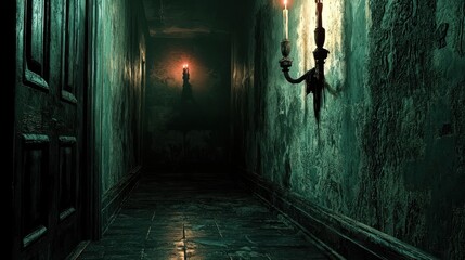 Obraz premium A close-up of a dark, mysterious hallway inside a haunted house, with flickering candlelight