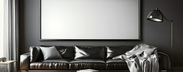 Black Leather Sofa in Modern Living Room with Blank Frame, Living Room, Interior Design, Mockup