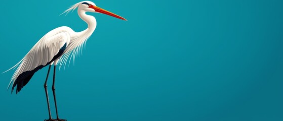  A large white bird with a lengthy beak atop a wooden block against a vibrant blue backdrop