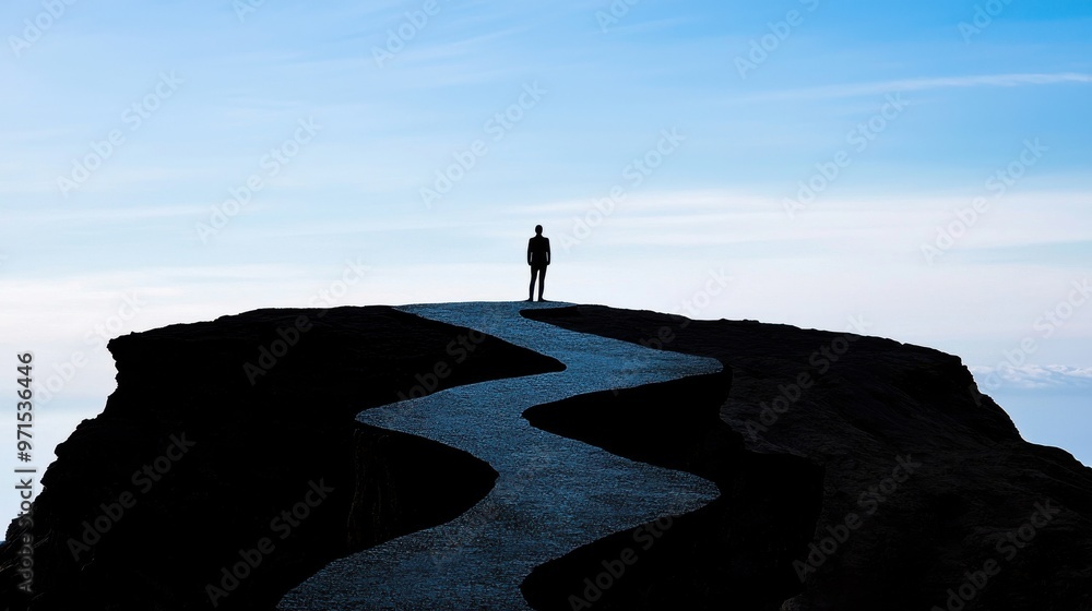 Aufkleber a silhouette of a person standing on the edge of a cliff with various paths stretching out in front 