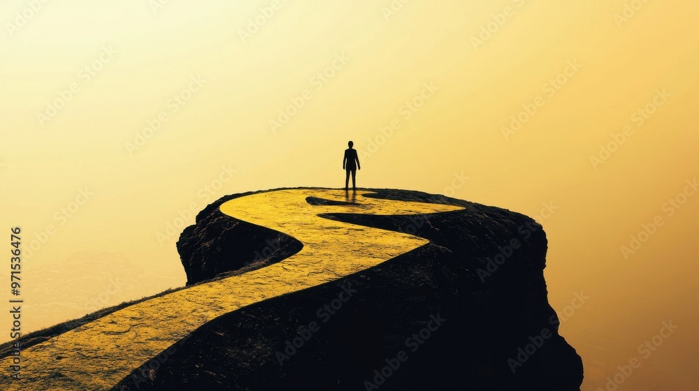 Aufkleber a silhouette of a person standing on the edge of a cliff with various paths stretching out in front 