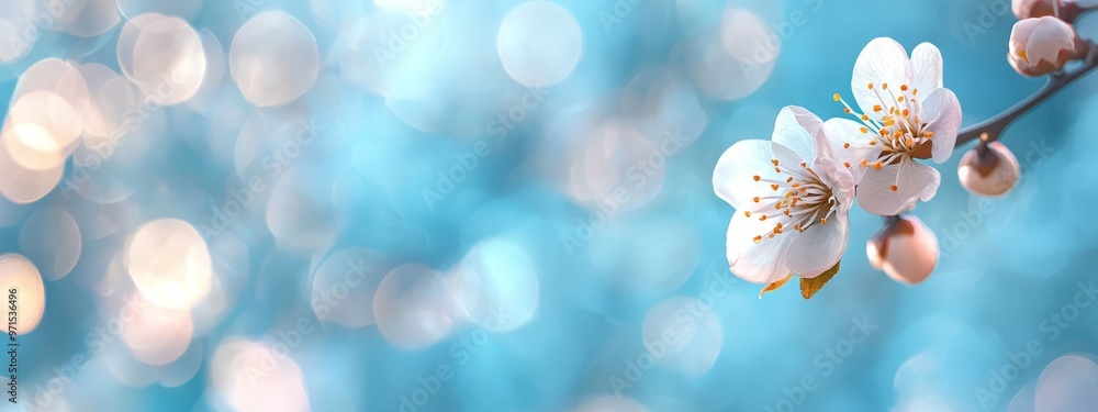 Poster a flower in sharp focus on a tree branch, with a soft, blurred bokeh of light in the background the 