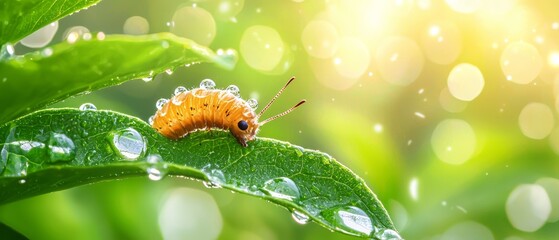  A macro shot of a bug perched on a wet leaf, with sun rays illuminating from behind