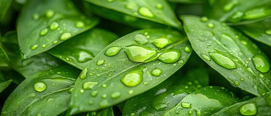 Fototapeta premium A tight shot of verdant leaves, adorned with water droplets atop