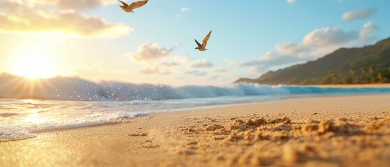Naklejka premium A bird soars above a sandy beach, adjacent to the vast ocean Sunlight filters through clouded background