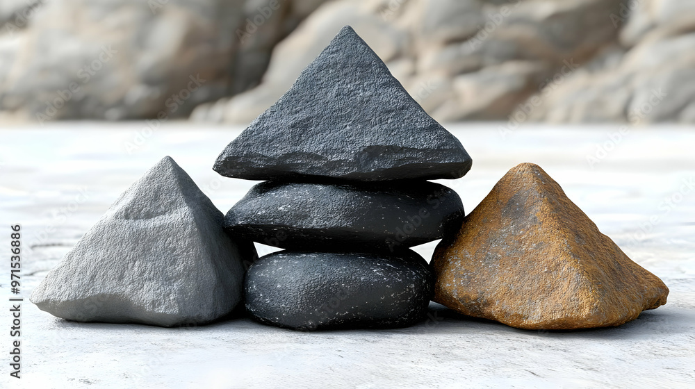 Poster a stack of variously shaped rocks arranged in a pyramid formation on a flat surface.