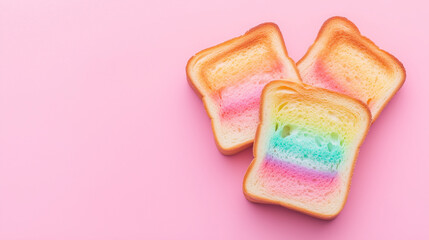 Slices of rainbow-colored bread on a pastel pink background