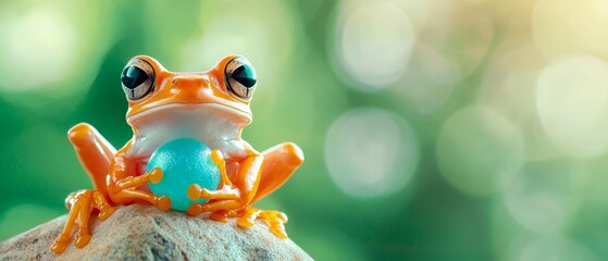  A frog perched on a rock, holding a blue egg in its mouth against a hazy backdrop