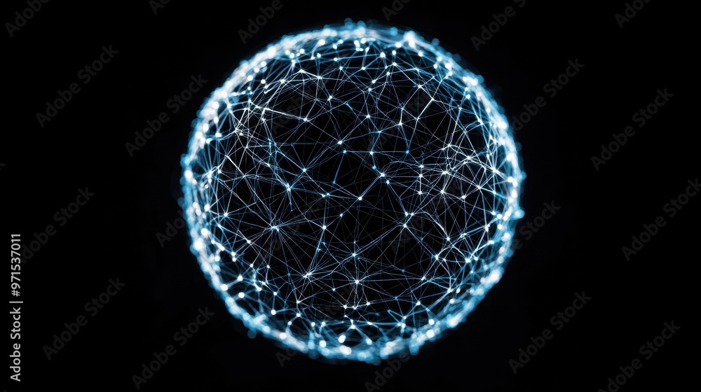 Poster a sphere made of intersecting light beams, with small nodes inside people or ideas being connected w