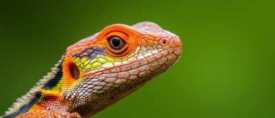 Obraz premium A tight shot of a lizard's head against a slightly out-of-focus backdrop of grass, surrounded by a solid green background