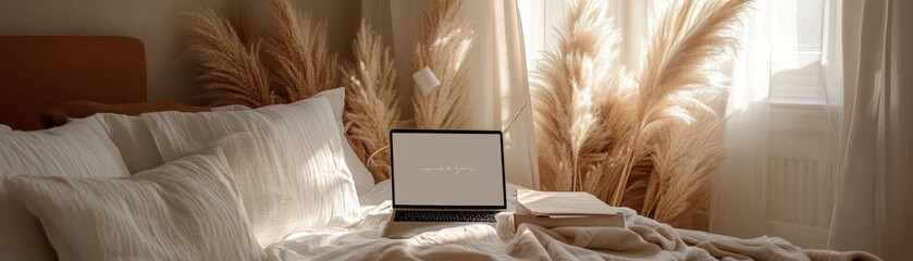Cozy Bedroom with Laptop and Pampas Grass, Bedroom Decor, Interior Design, Cozy Vibes