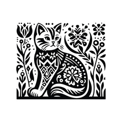 Fototapeta premium British Shorthair in folk art black and white silhouette illustration
