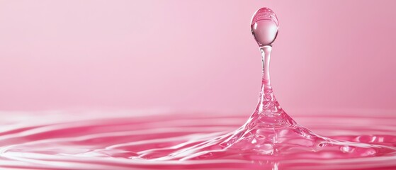  A tight shot of a drop of water atop a pink surface, releasing another drop