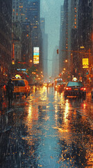 A dense urban area with downpour of rain creating reflections on street