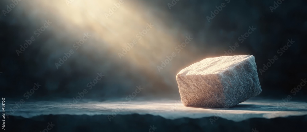 Poster  A block of ice on a table, illuminated from above by a beam of light