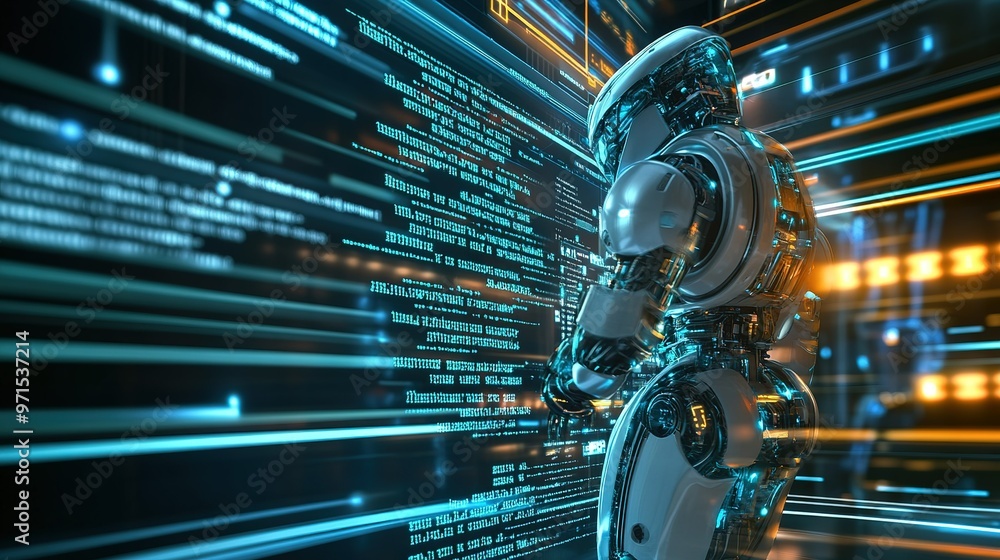 Poster a futuristic robot analyzing data streams in a high-tech environment with glowing lines and abstract