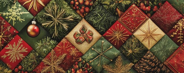 Fototapeta premium Diamond-Shaped Christmas Ornament and Snowflake Quilt Block, quilt block, christmas decor, snowflake design