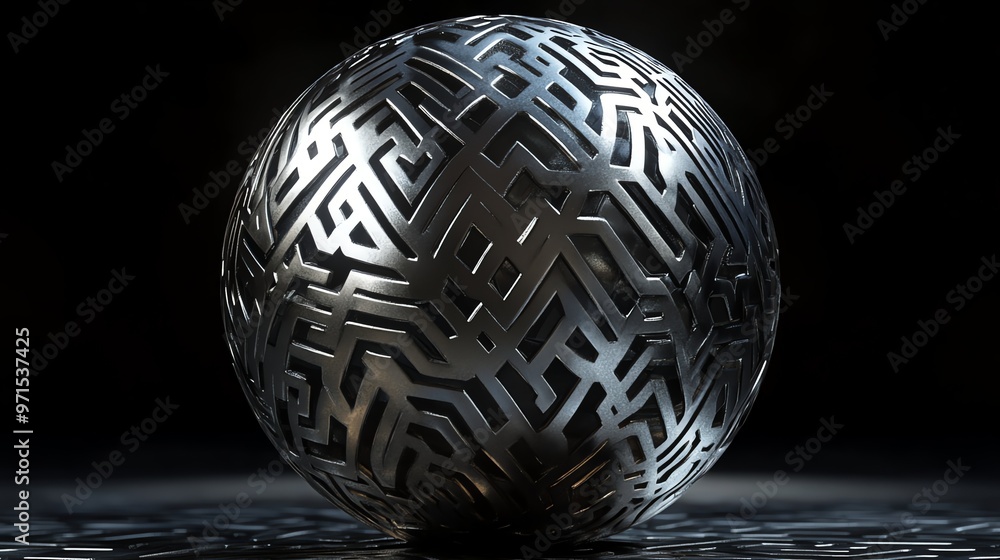 Poster metallic sphere with intricate geometric pattern.