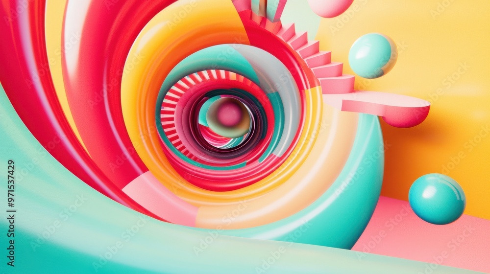 Poster a spiral staircase made of bright, floating shapes, representing feedback loops elevating a person, 