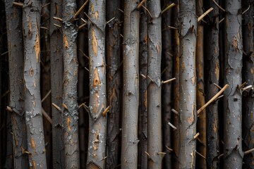 Fototapeta premium Collection of tree trunks with rough bark, showcasing various shades of gray and brown. The trunks are closely packed together, highlighting their natural textures and patterns.