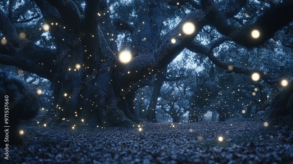 Poster magical glowing orbs float through an ancient forest at twilight, creating a mystical atmosphere amo