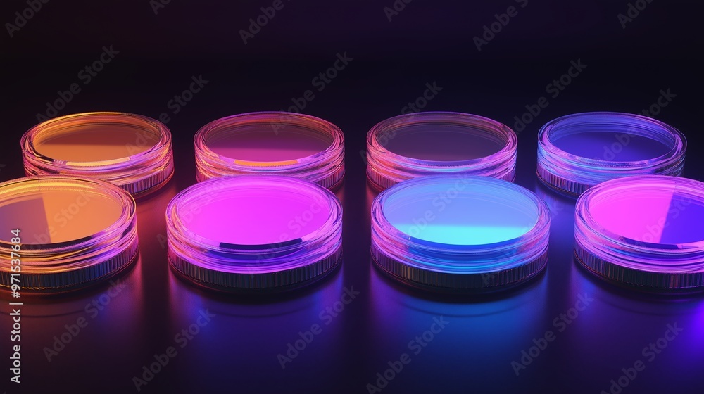 Poster colorful circular objects arranged in a pattern, casting vibrant reflections under soft lighting in 