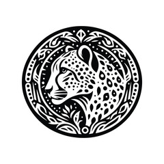 Cheetah in folk art black and white silhouette illustration