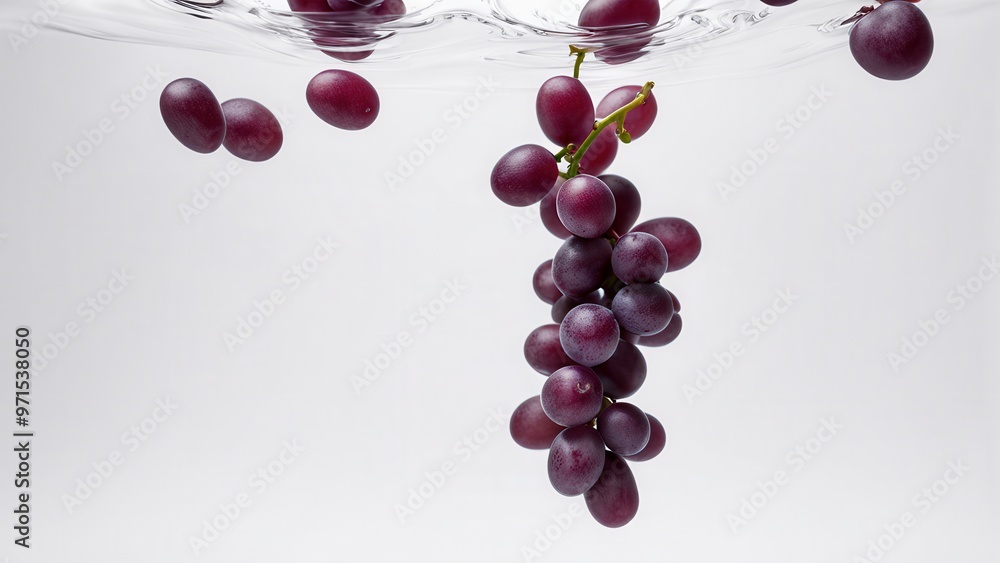 Poster a cluster of purple grapes submerged in water, creating a fresh and vibrant visual effect.
