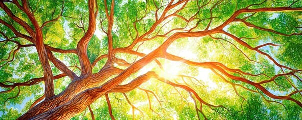 High tree canopy, sunlight filtering through, majestic and peaceful, watercolor style