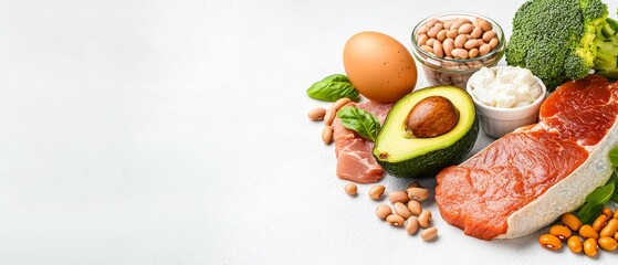  A white-topped table laden with meat, vegetables, eggs, beans, and an assortment of fruits and vegetables