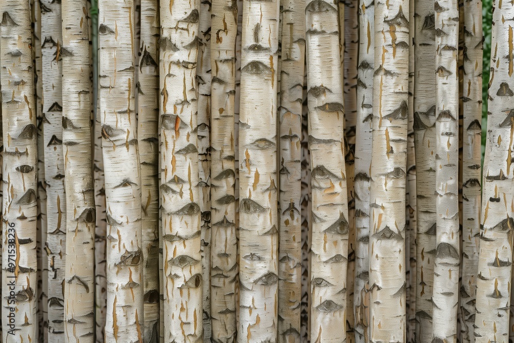 Poster cluster of birch tree trunks, showcasing their distinctive white bark with black markings and textur