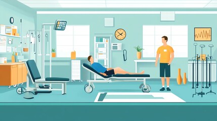 Fototapeta premium A modern therapy room showcasing a patient on a treatment table with a therapist nearby, equipped for rehabilitation.
