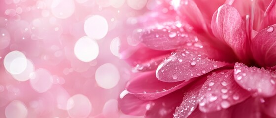  A tight shot of a pink blossom speckled with water droplets, against a backdrop of soft, radiant bokeh  from the light source
