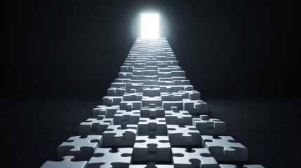 A staircase made of puzzle pieces, with each piece representing a different person in a company, leading to a glowing light at the top. Concept of building leadership through succession planning