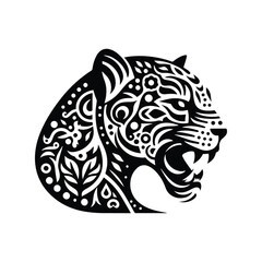 Jaguar in folk art black and white silhouette illustration