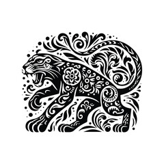Jaguar in folk art black and white silhouette illustration