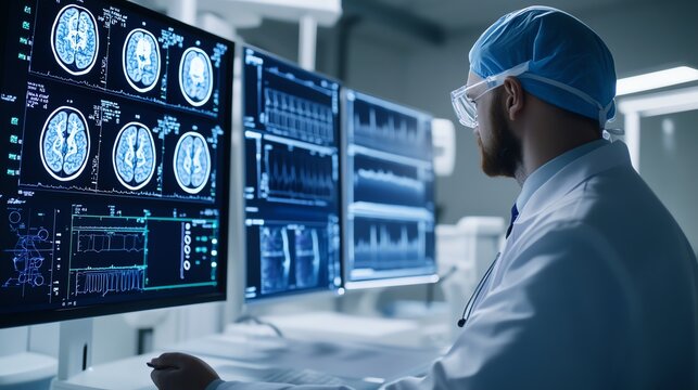 A medical professional analyzing brain scans on multiple screens in a modern healthcare facility.
