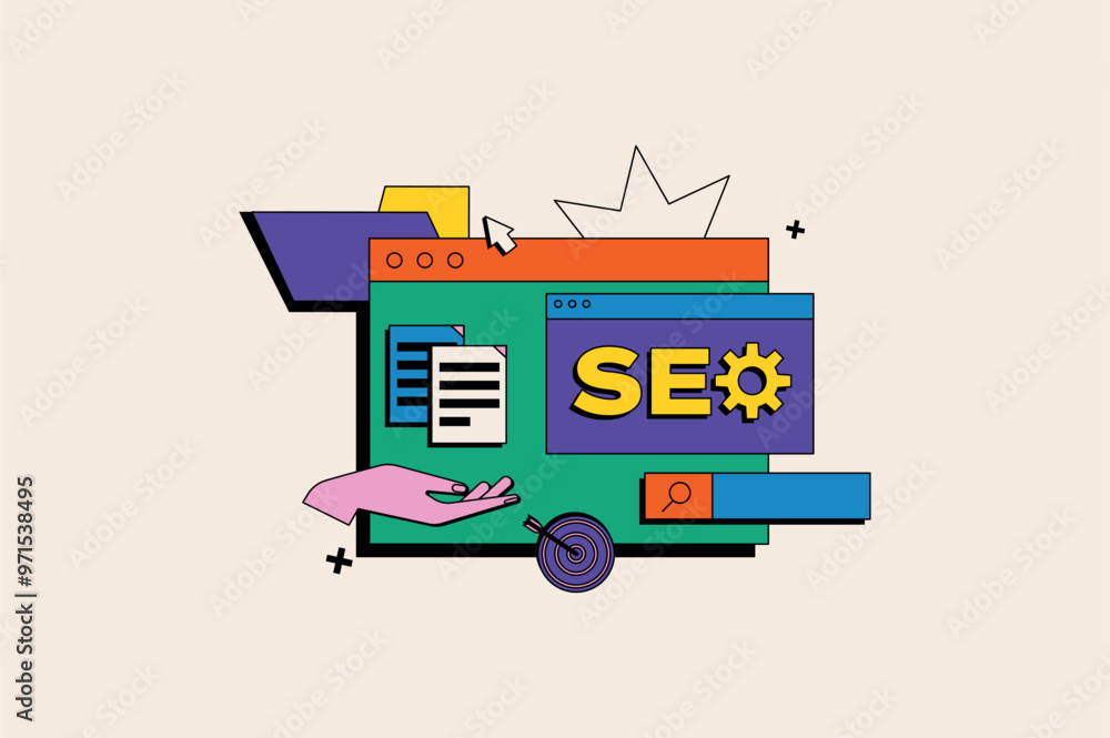 Poster seo concept in the flat cartoon style. this visually appealing illustration includes various element