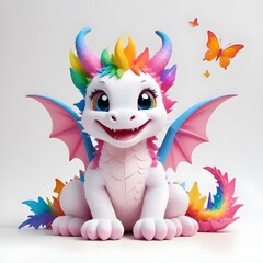 A cute rainbow dragon with pink accents, sitting and smiling, against a light sticker white background