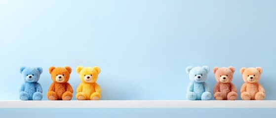  Three  bears aligned on a white shelf against a blue wall