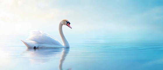 Obraz premium A white swan glides atop a light blue lake, its pink beak breaking the tranquil surface