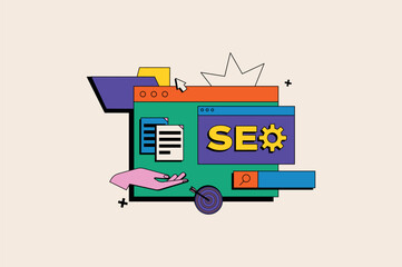 SEO concept in the flat cartoon style. This visually appealing illustration includes various elements such as hands on web pages and gear icons that represent SEO. Vector illustration.