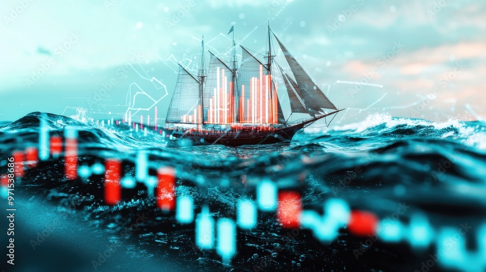 Poster a stormy ocean with a ship sailing through, the sails made of bar graphs and data charts, navigating