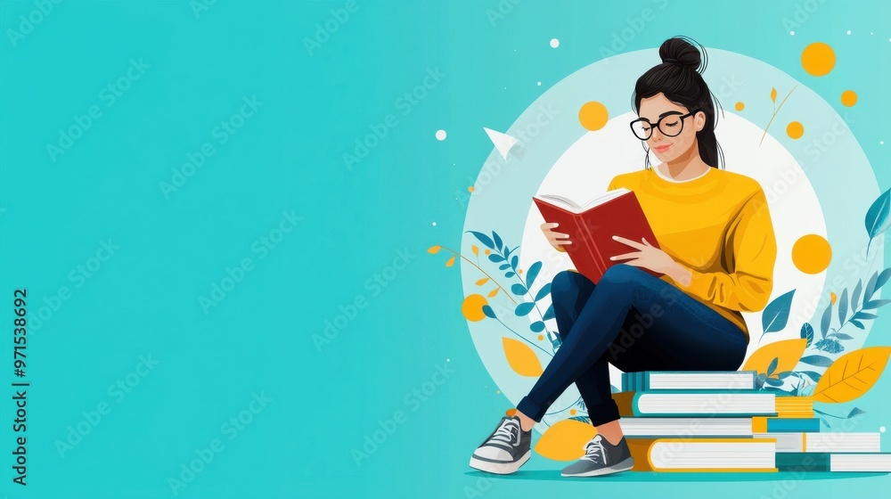 Poster a student sits in a library, surrounded by textbooks, writing down study goals in a notebook while f