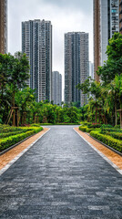Obraz premium A serene driveway in luxury high rise residential area surrounded by greenery