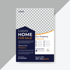 Fototapeta premium Modern real estate A4 size flyer design with orange, navy blue and white color or creative brochure template design 