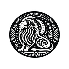 Lion in bohemian black and white silhouette illustration